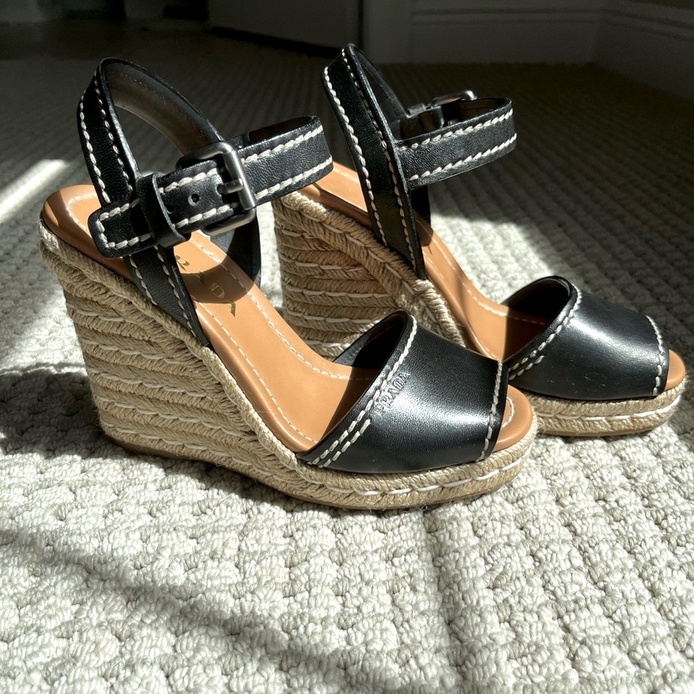 PRADA Black Lambskin Rope Espadrille Wedges